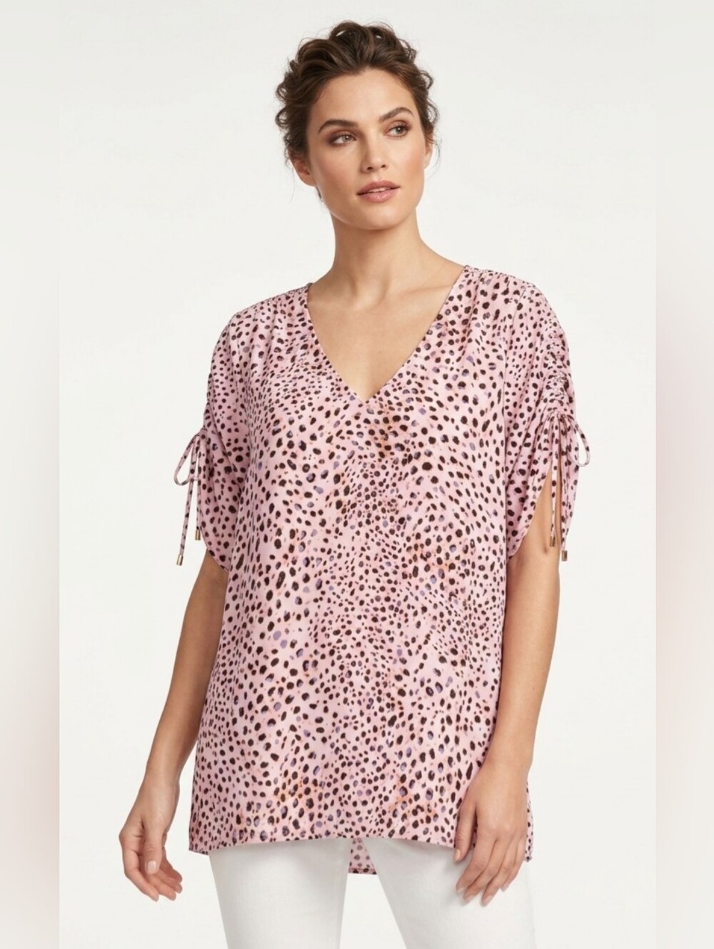 CAbi Pink Leopard-Print V-Neck Tie-Sleeve Top Size XL